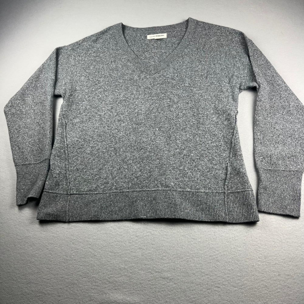 Lucky Brand Womens V-Neck Sweater Heather Grey Knit Drop Shoulder Size S